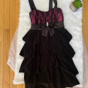 Deb Dark Pink and Black Babydoll Dress Sleeveless Spaghetti Strap Large